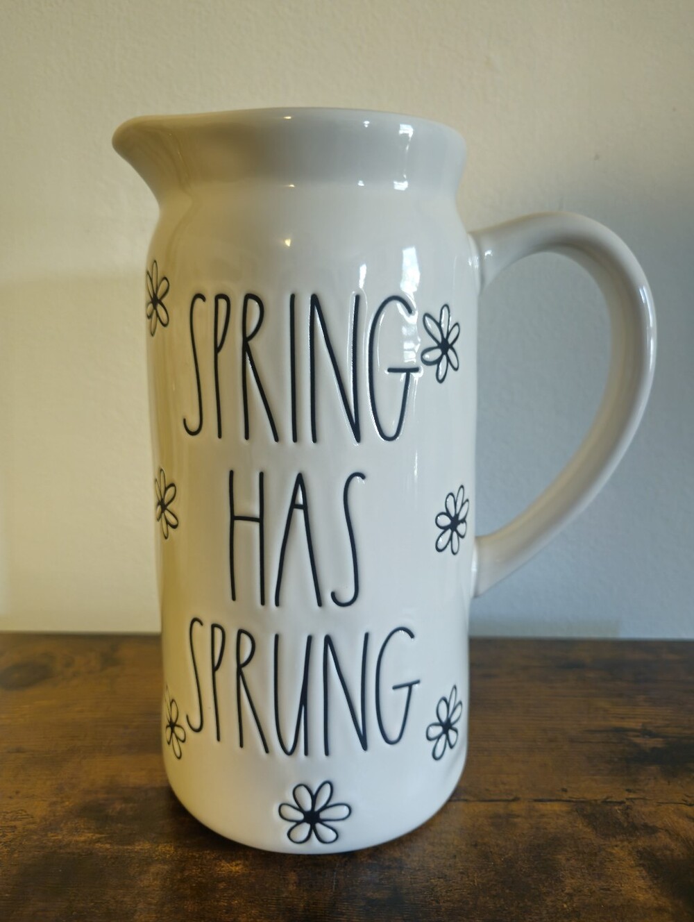 RAE DUNN White Ceramic Pitcher - "Spring Has Sprung"